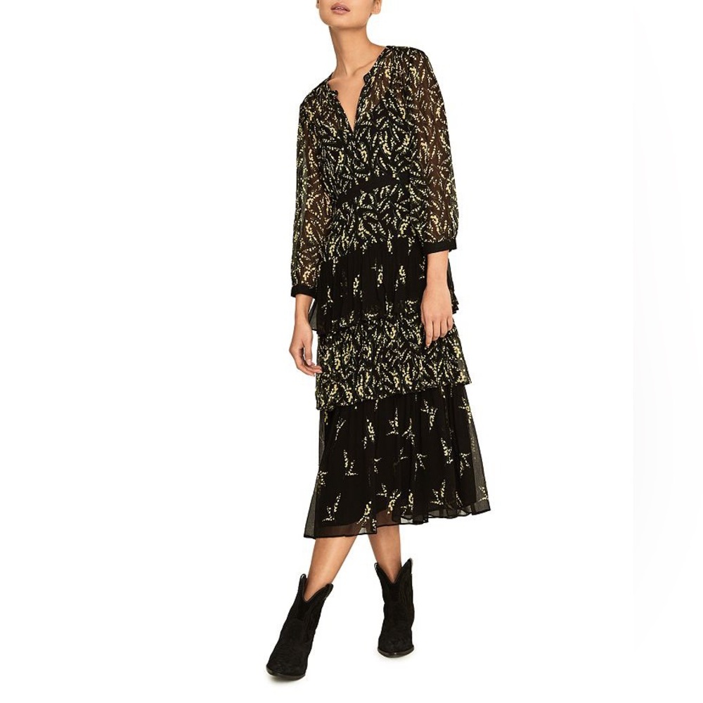 Ba&Sh Womens Long Sleeve Crew Neck Floral Tiered Midi Dress Black
Yellow Size 1
